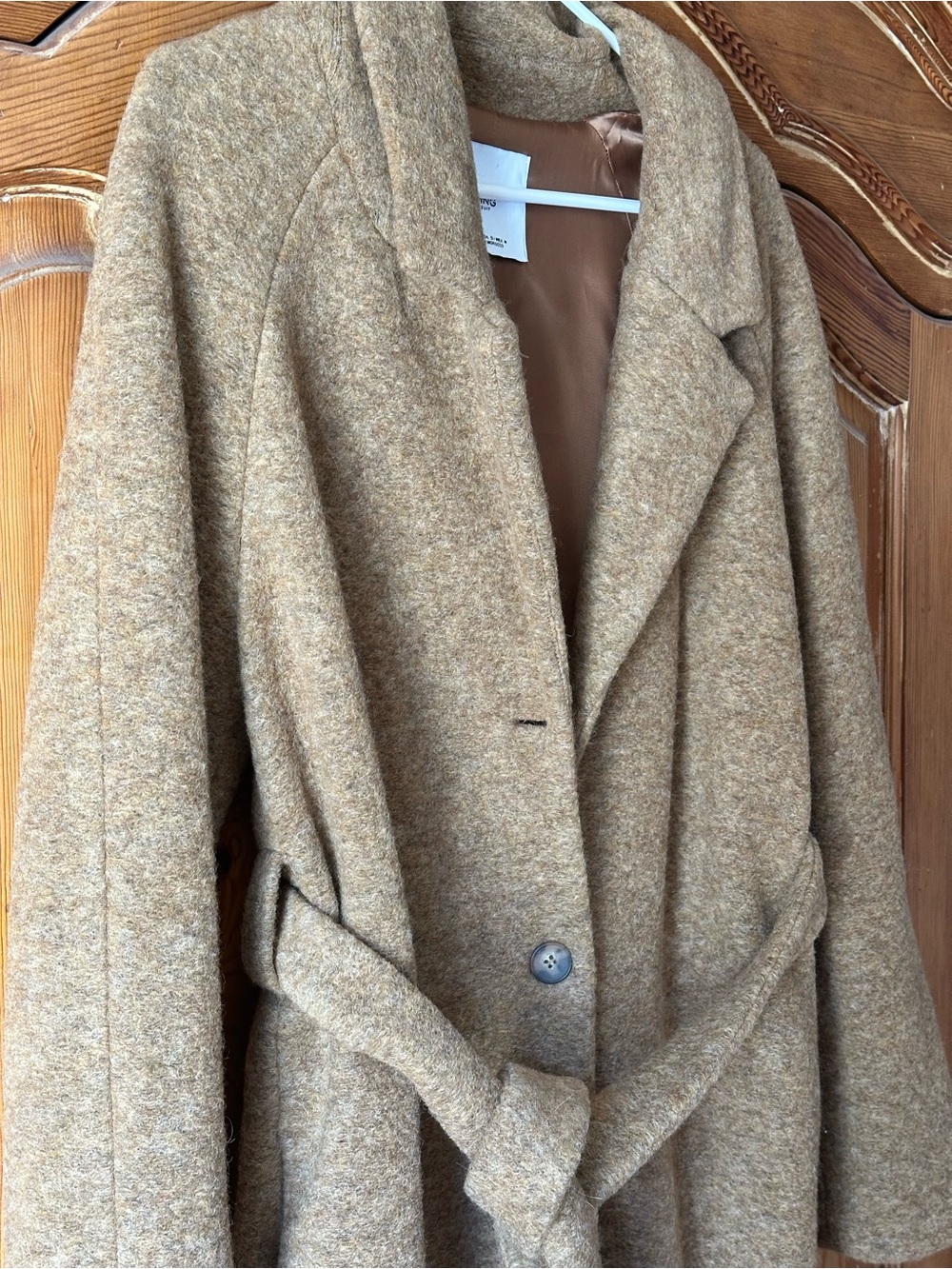 Mango MNG Oat Tan Heathered Long Wool Blend Coat tie and button front size SM - Picture 5 of 7